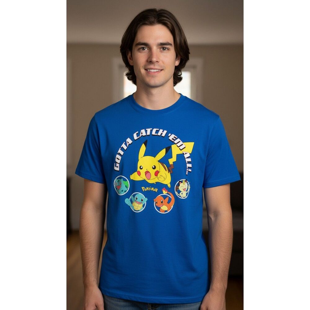 Pokemon Pikachu Charizard Gotta Catch 'Em All Mens S Blue Graphic T Shirt New